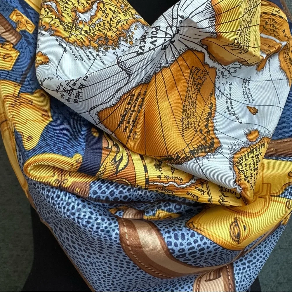 Larioseta Como Silk Scarf VINTAGE– World Map & Travel Trunks, Made in Italy
